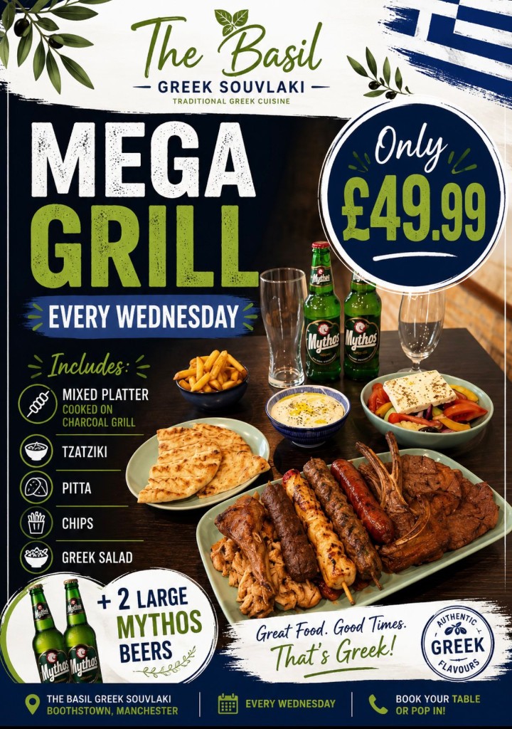Mega Grill every Wednesday for £49.99 — mixed charcoal platter, tzatziki, pitta, chips, Greek salad and two large Mythos beers