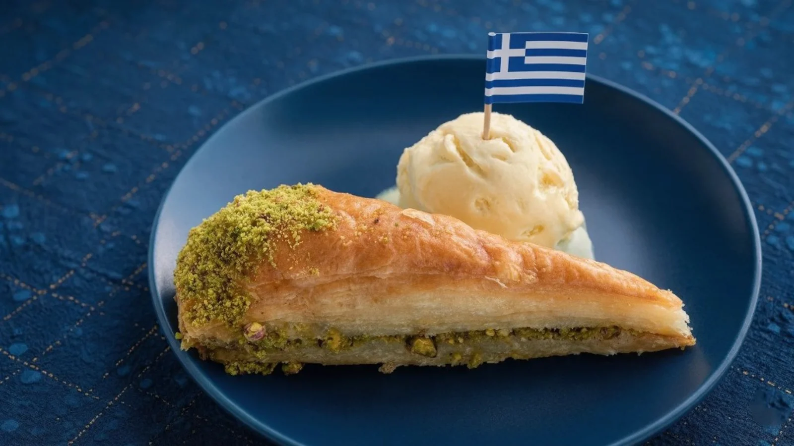 Baklava with pistachio and vanilla ice cream