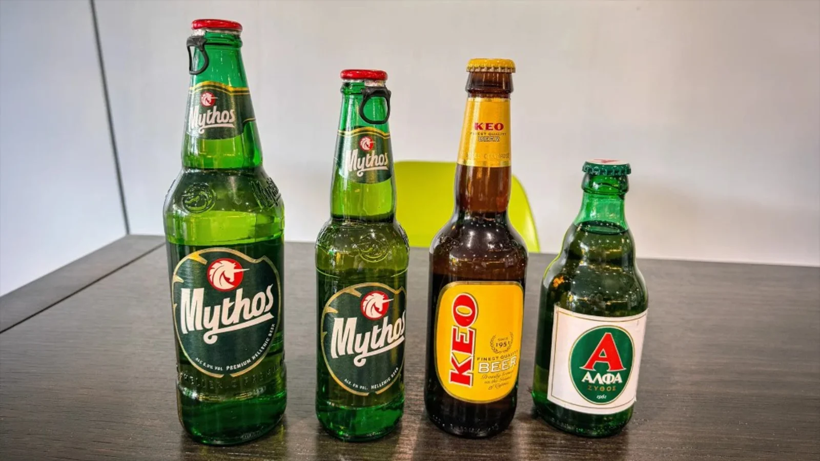 Mythos, Keo and Alfa beers on the table at The Basil